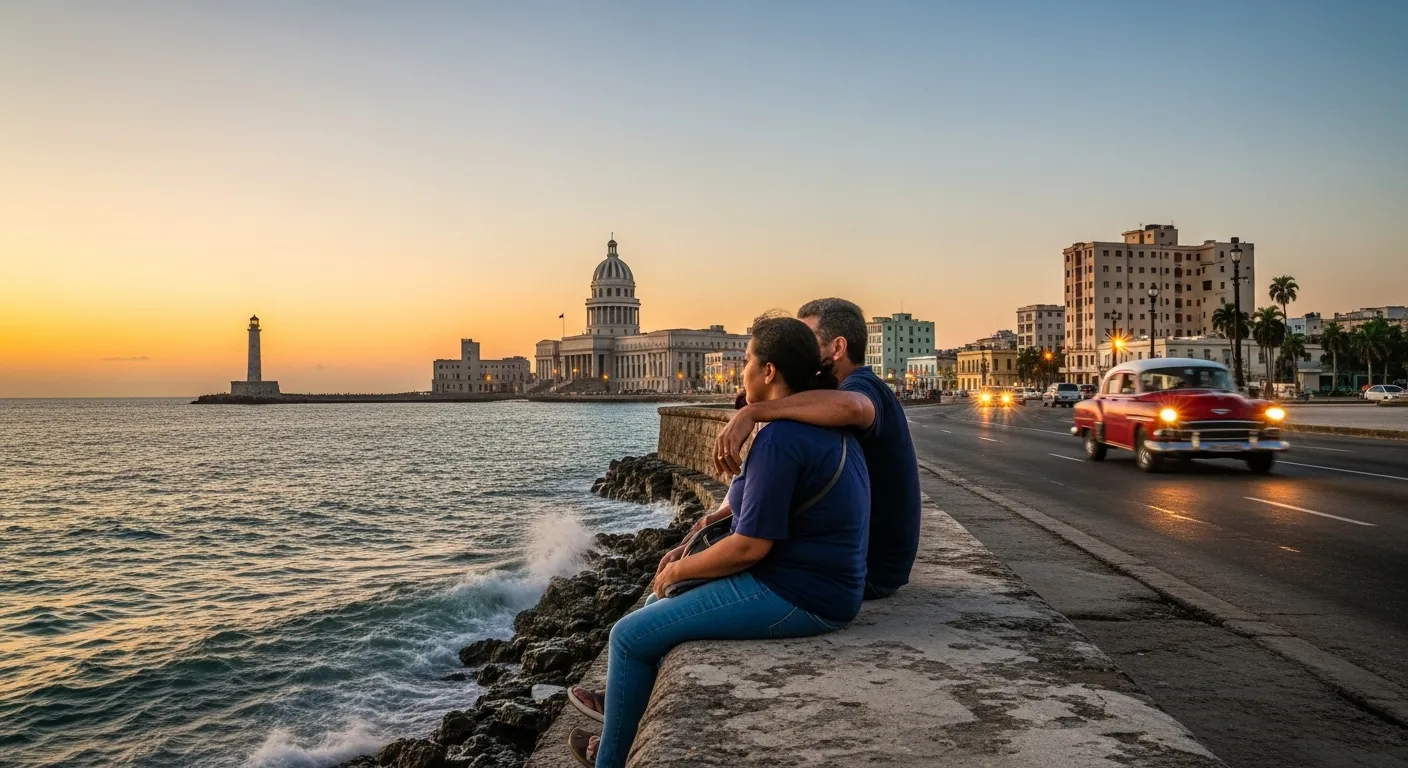 Why visit Havana: sunset over the Malecón with classic cars, locals and the Havana skyline