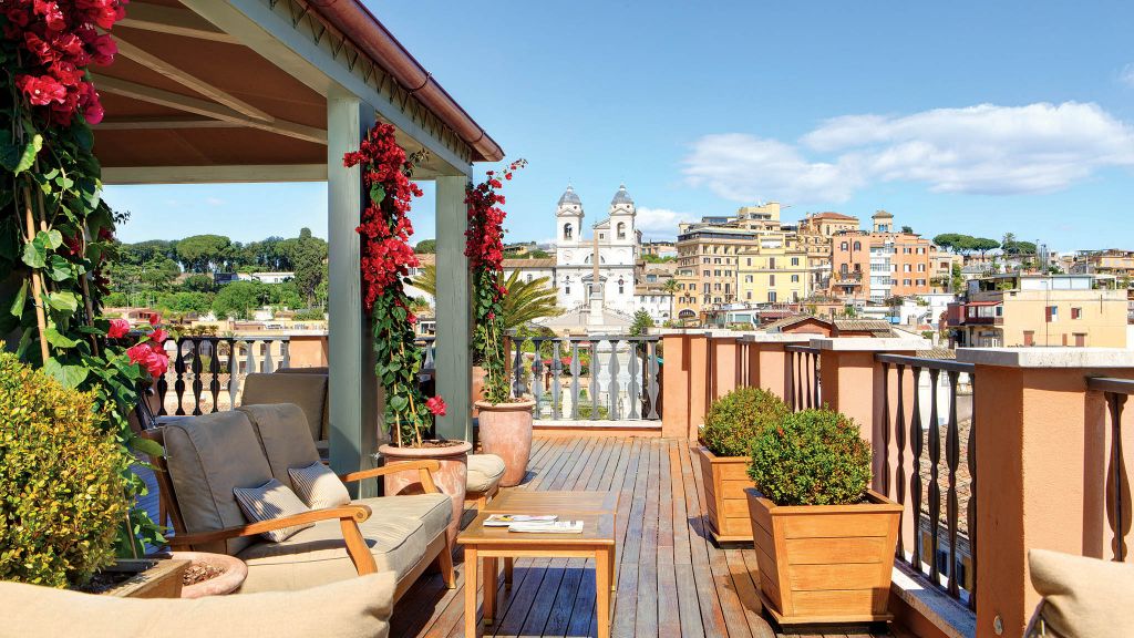 The rooftop terrace at Portrait Roma looking towards Trinita dei Monti