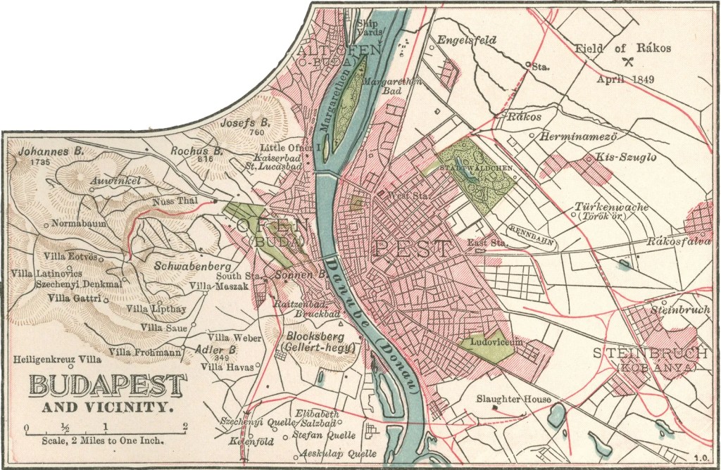 An antique engraved street map of Budapest and the Danube