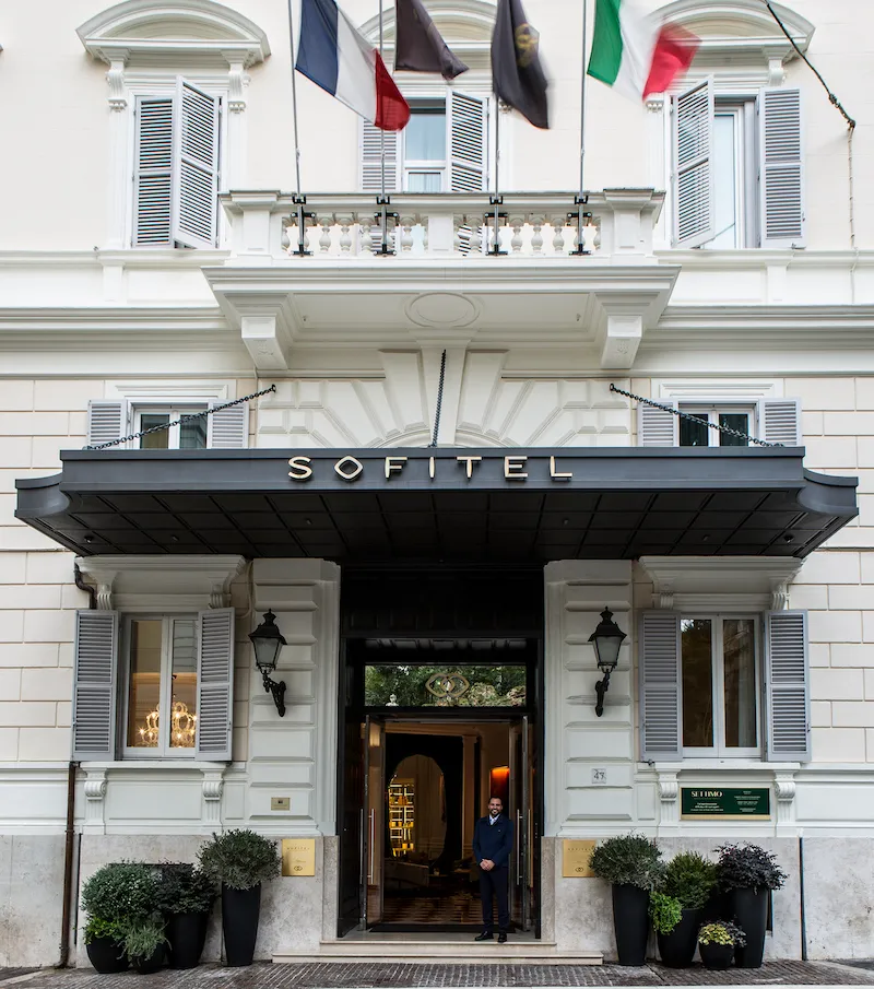 The entrance to the Sofitel Roma Villa Borghese on Via Lombardia