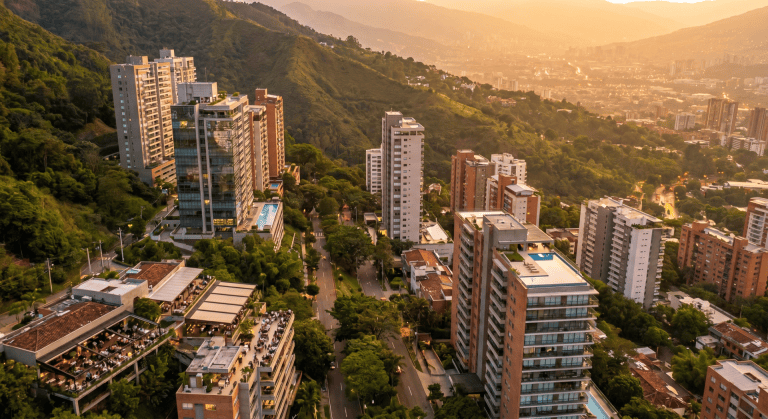 El Poblado's hillside apartment towers at sunset