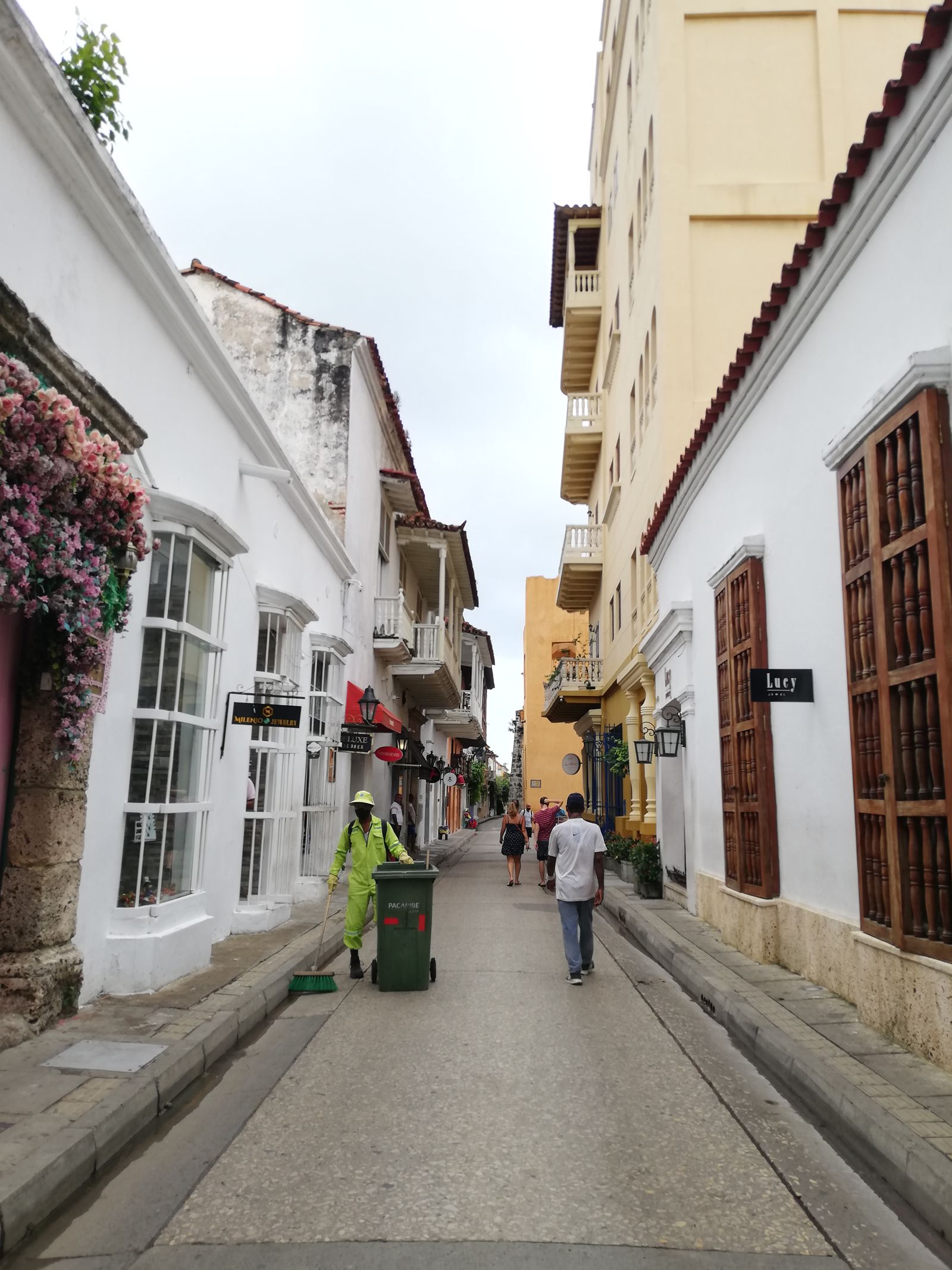 Narrow street in the walled old town of Cartagena, Colombia