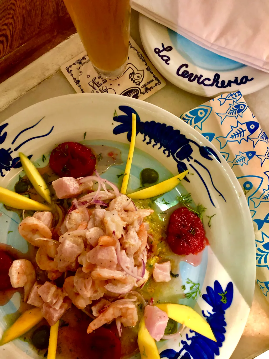 A plate of ceviche served with lime in Cartagena