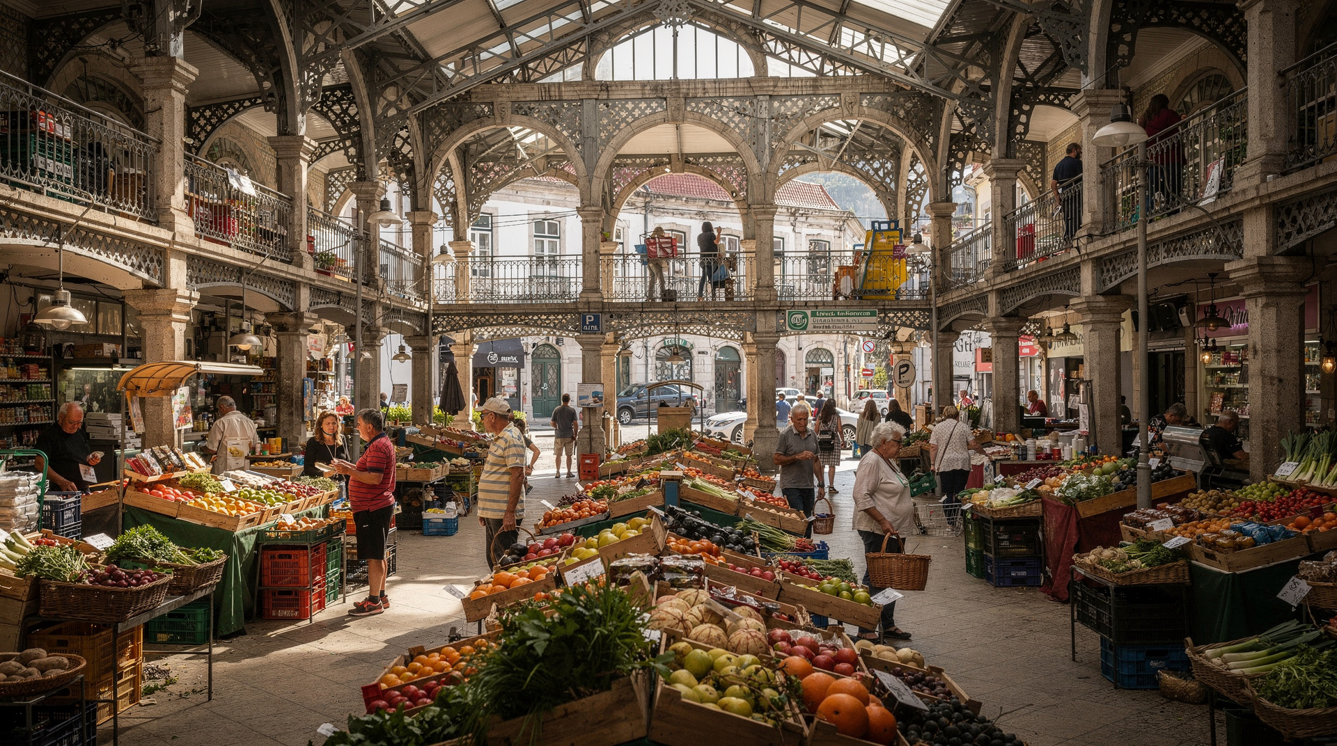 The restored interior of Mercado do Bolhao in Porto, with two tiers of iron galleries above produce stalls and shoppers
