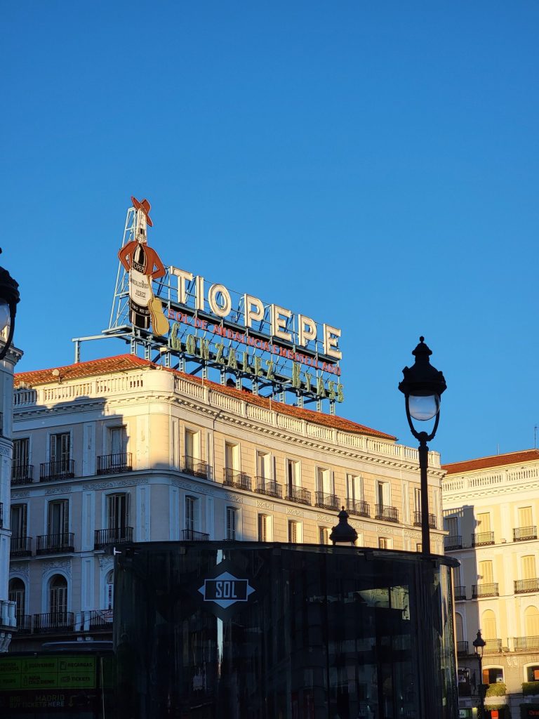 The Tío Pepe neon sign above the buildings of Puerta del Sol