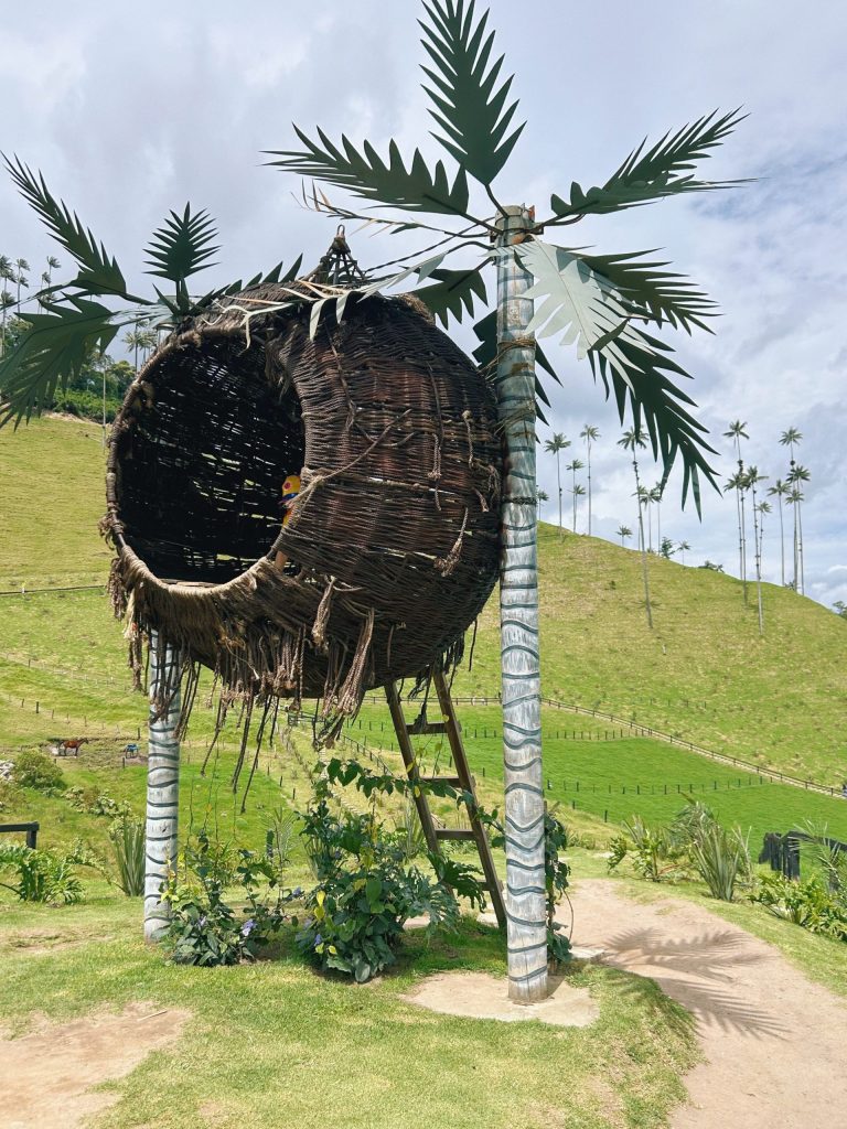 A giant woven coffee basket sculpture on a hillside among the wax palms