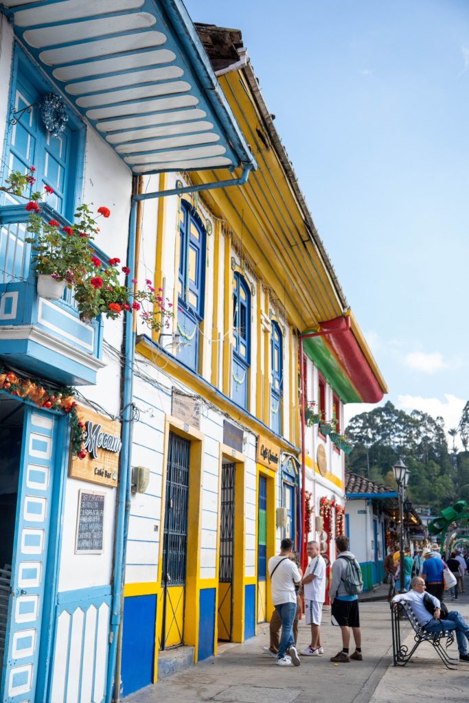 Painted balconies and shopfronts along Calle Real in Salento, Colombia