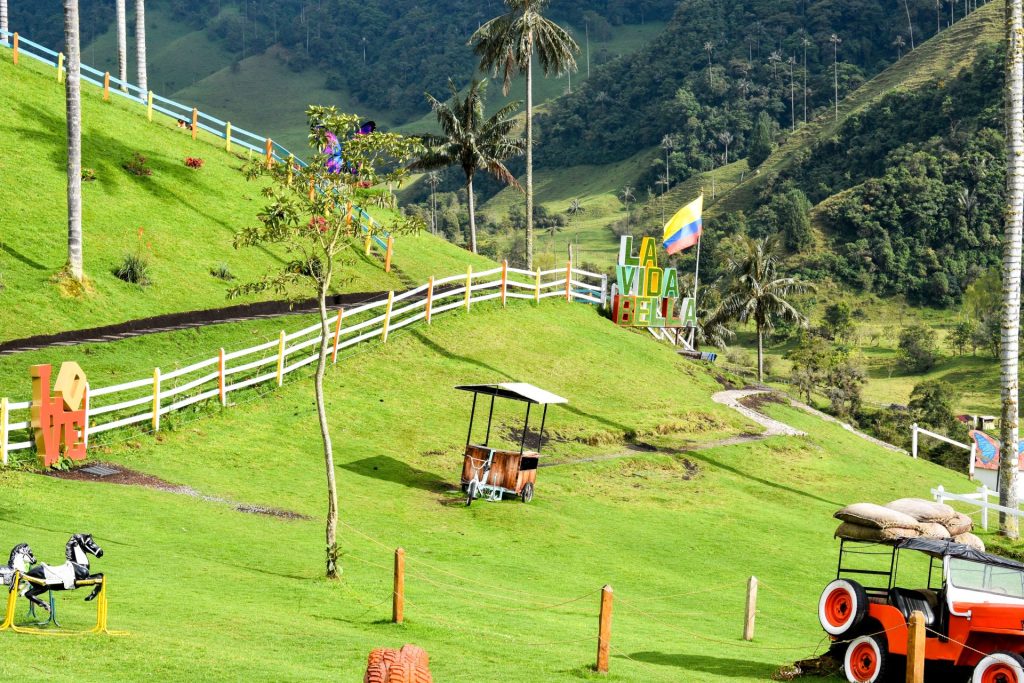 Willys jeeps parked on a green coffee-farm hillside below wax palms in Colombia's Eje Cafetero
