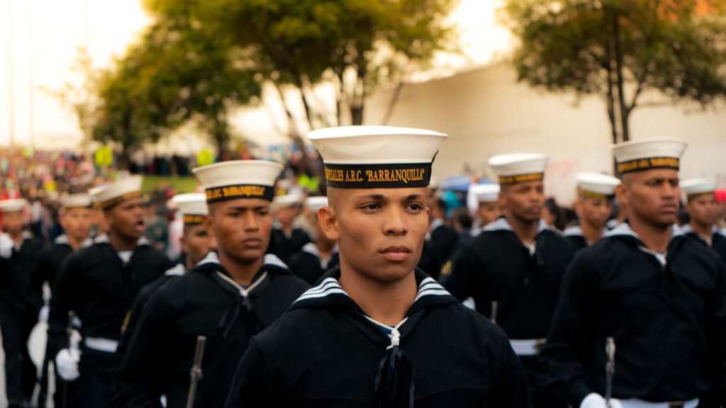 Colombian naval cadets on parade in dress uniform