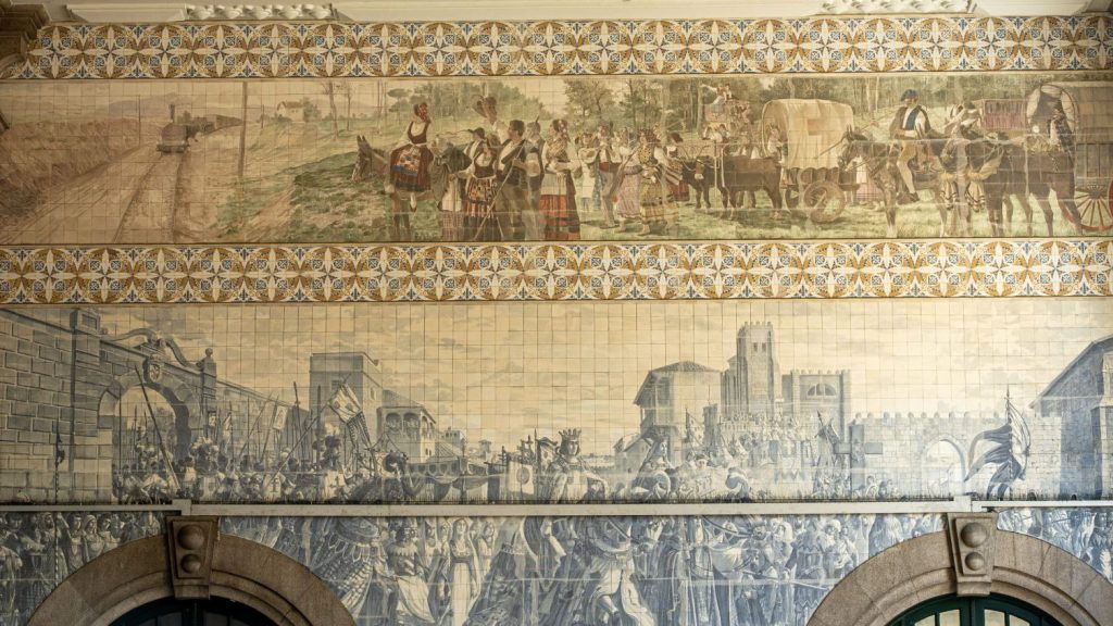 A blue-and-white azulejo panel covering a station wall