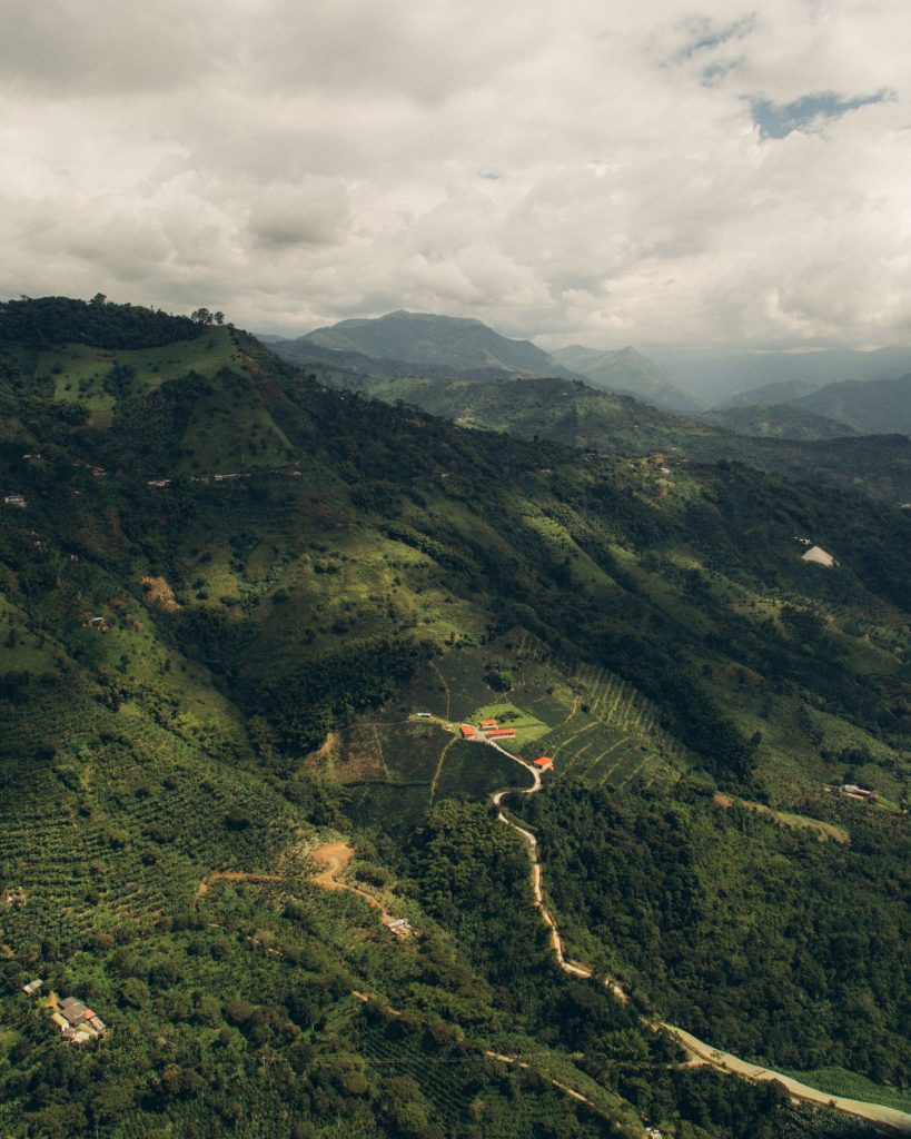 Cloud shadows moving across the deep green Andean valleys of the coffee region