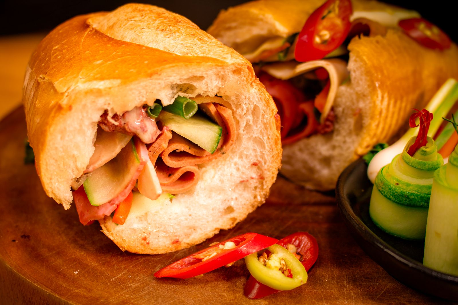 A traditional Vietnamese banh mi with fresh vegetables
