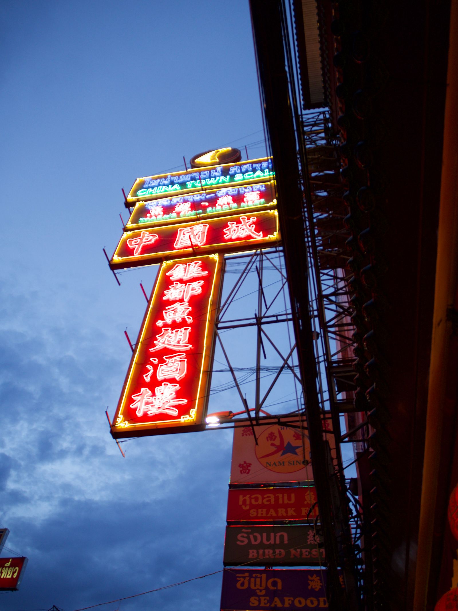 Neon signs glowing over Chinatown against a dusky evening sky