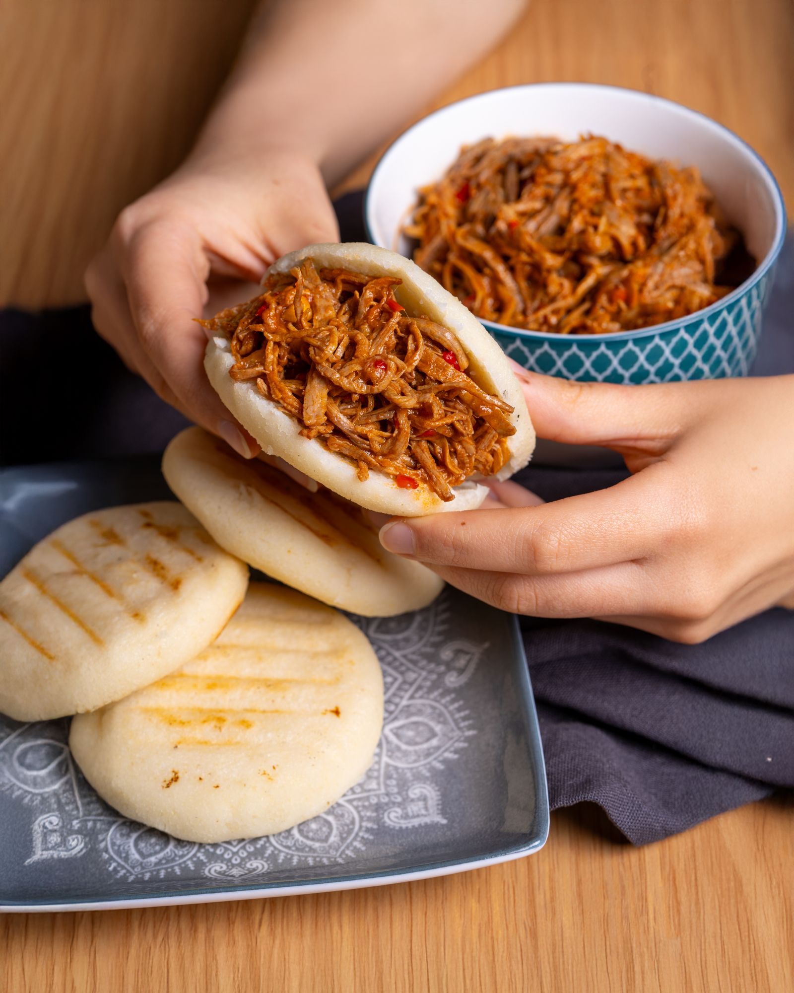 Arepas with savoury shredded beef