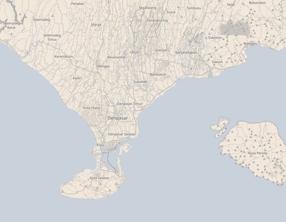 Map of southern Bali showing Ubud, Denpasar and the surrounding coast