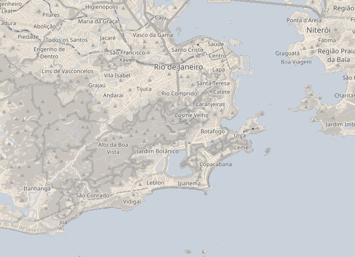 Brand-toned map showing Copacabana, Ipanema, Leblon, Santa Teresa, Botafogo, Sugarloaf, Corcovado