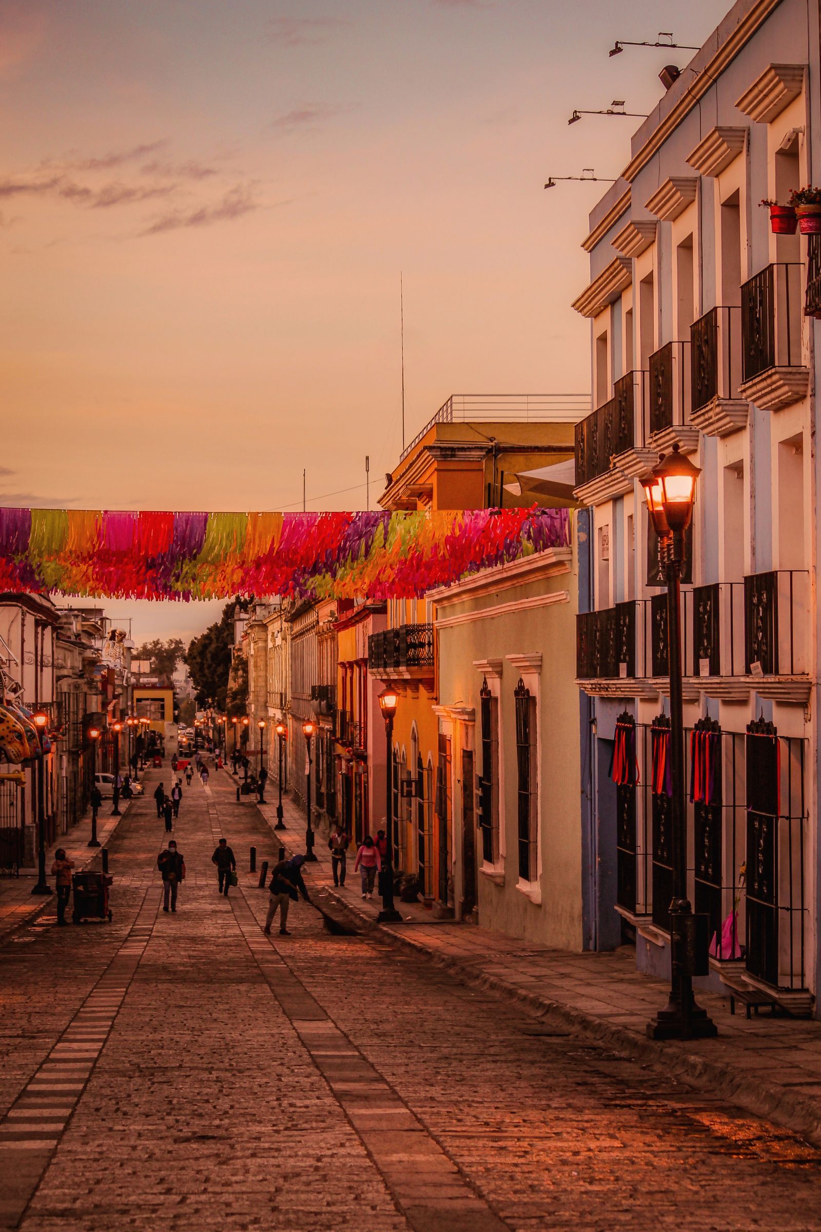 Colourful colonial buildings in Oaxaca City at sunset
