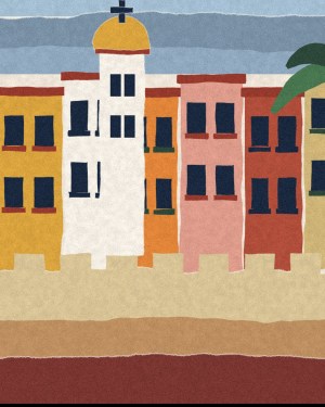 House of Routes Cartagena stamp: torn-paper collage of painted colonial facades with balconies, a cathedral dome and a palm above the city wall