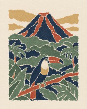 House of Routes Costa Rica stamp: torn-paper poster of a volcano behind rainforest canopy with a toucan