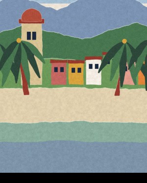 House of Routes Dominican Republic stamp: torn-paper collage of a colonial bell tower, palms and a low painted town above the sand