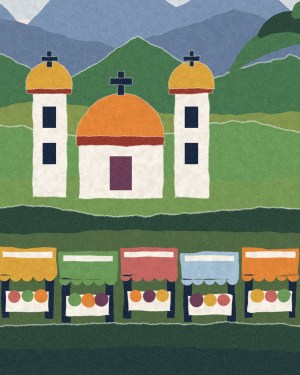 House of Routes Latin America stamp: torn-paper collage of a colonial church above a row of market stalls