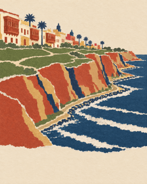 House of Routes Lima stamp: torn-paper poster of the Miraflores cliffs above the Pacific