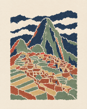 House of Routes Machu Picchu stamp: torn-paper poster of the terraced citadel below Huayna Picchu