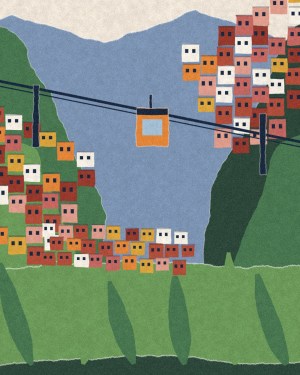 House of Routes Medellin stamp: torn-paper collage of brick barrio houses on green valley walls with a cable car crossing