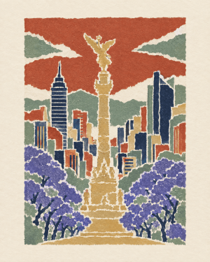 House of Routes Mexico City stamp: torn-paper poster of the Angel of Independence among jacaranda trees