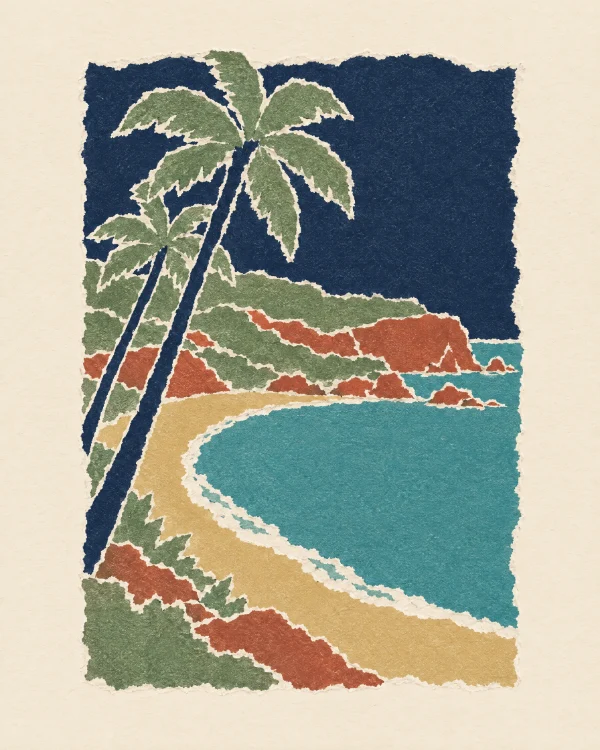 House of Routes Mexico coast stamp: torn-paper poster of a palm-fringed bay of white sand and turquoise water
