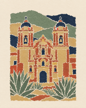 House of Routes Oaxaca stamp: torn-paper poster of the Santo Domingo church with agave in the foreground