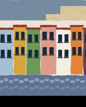 House of Routes Puerto Rico stamp: torn-paper collage of Old San Juan facades above blue cobblestones with the sea behind