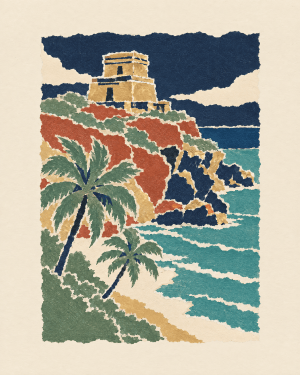 House of Routes Tulum stamp: torn-paper poster of the clifftop Mayan ruin above the Caribbean