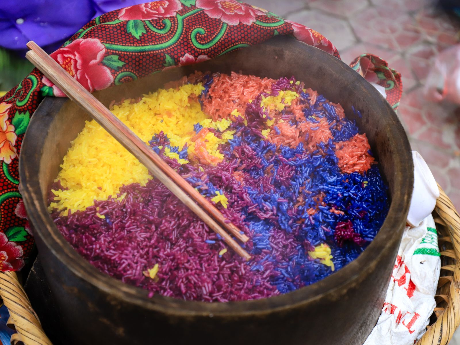 A basket of steamed Vietnamese sticky rice