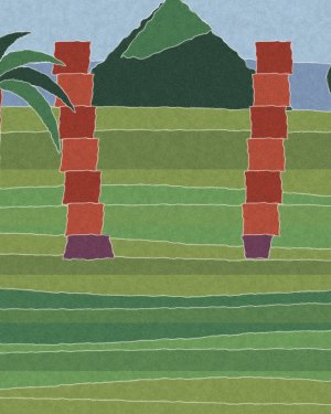 House of Routes stamp: torn-paper collage of a split candi bentar gate between terraced rice paddies, with a volcano behind