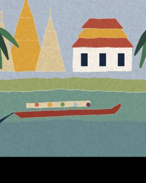 House of Routes stamp: torn-paper collage of gold temple spires, a red-roofed pavilion and a longtail boat on the river