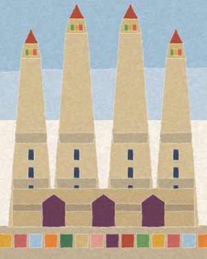 House of Routes Barcelona stamp: the Sagrada Familia towers above a band of trencadis tile