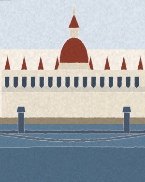 House of Routes stamp: torn-paper collage of the Parliament with its red dome and spires above the Danube and the chain bridge