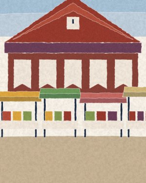 House of Routes stamp: torn-paper collage of a European market hall with a gabled roof and clock above rows of awninged stalls