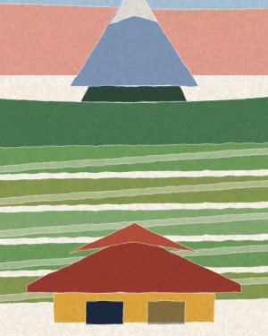 House of Routes Indonesia stamp: a volcano above terraced rice fields with a red-roofed warung