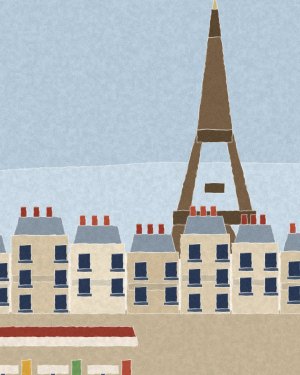 House of Routes stamp: torn-paper collage of the Eiffel Tower above Haussmann rooftops with zinc mansards and red chimney pots