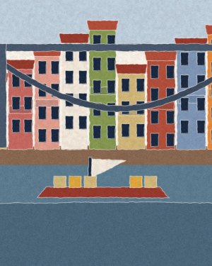 House of Routes stamp: torn-paper collage of the tiled Ribeira houses above the Douro, with the bridge deck across and a rabelo boat carrying barrels