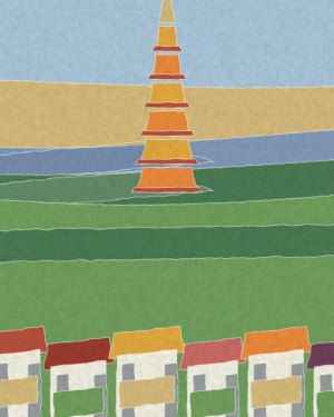 House of Routes Southeast Asia stamp: a tiered golden temple spire above green country