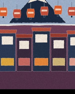 House of Routes stamp: torn-paper collage of red paper lanterns strung above a row of lit izakaya fronts, with Mount Fuji behind
