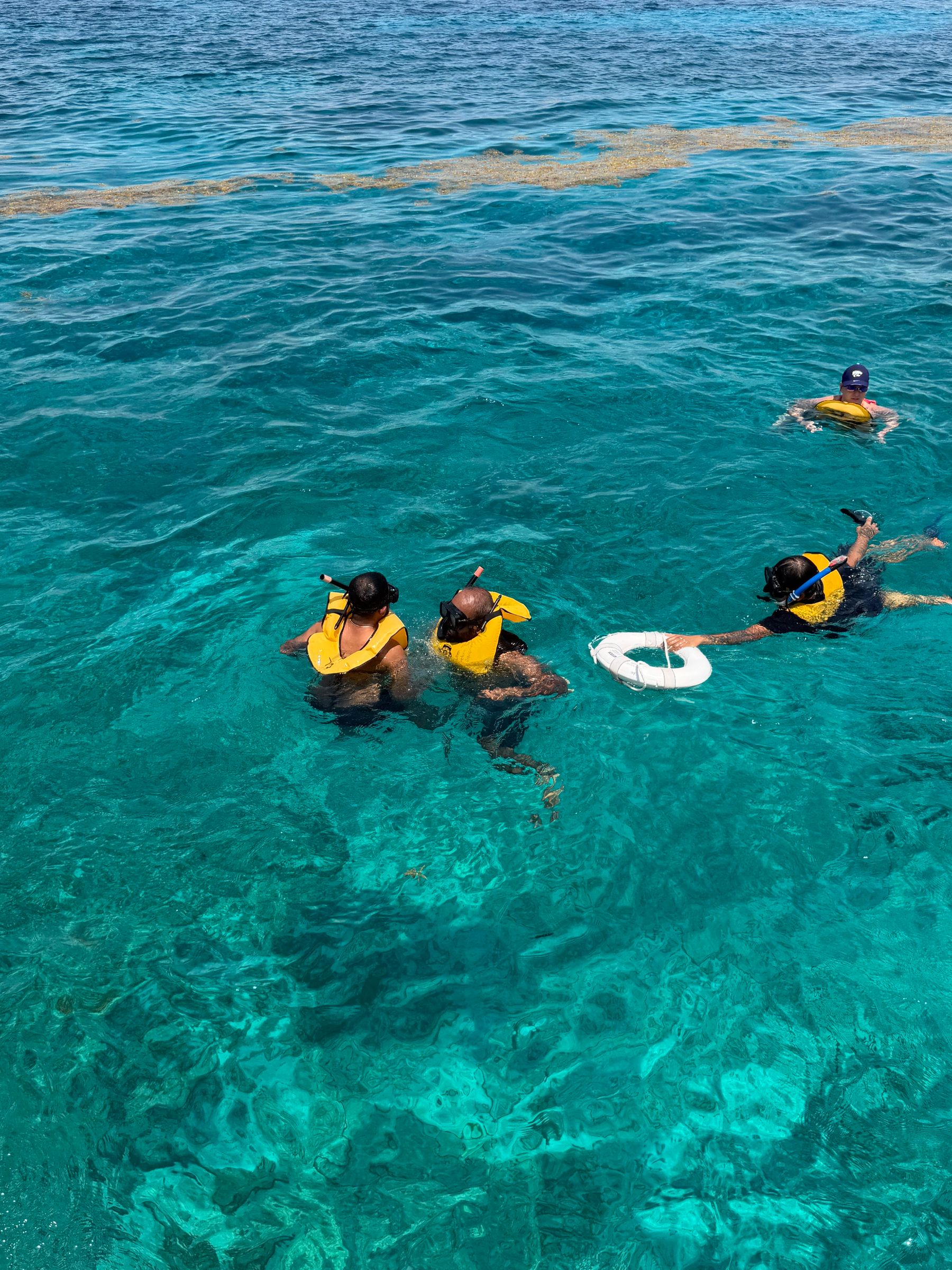 A snorkeller in clear shallow Caribbean water above the reef