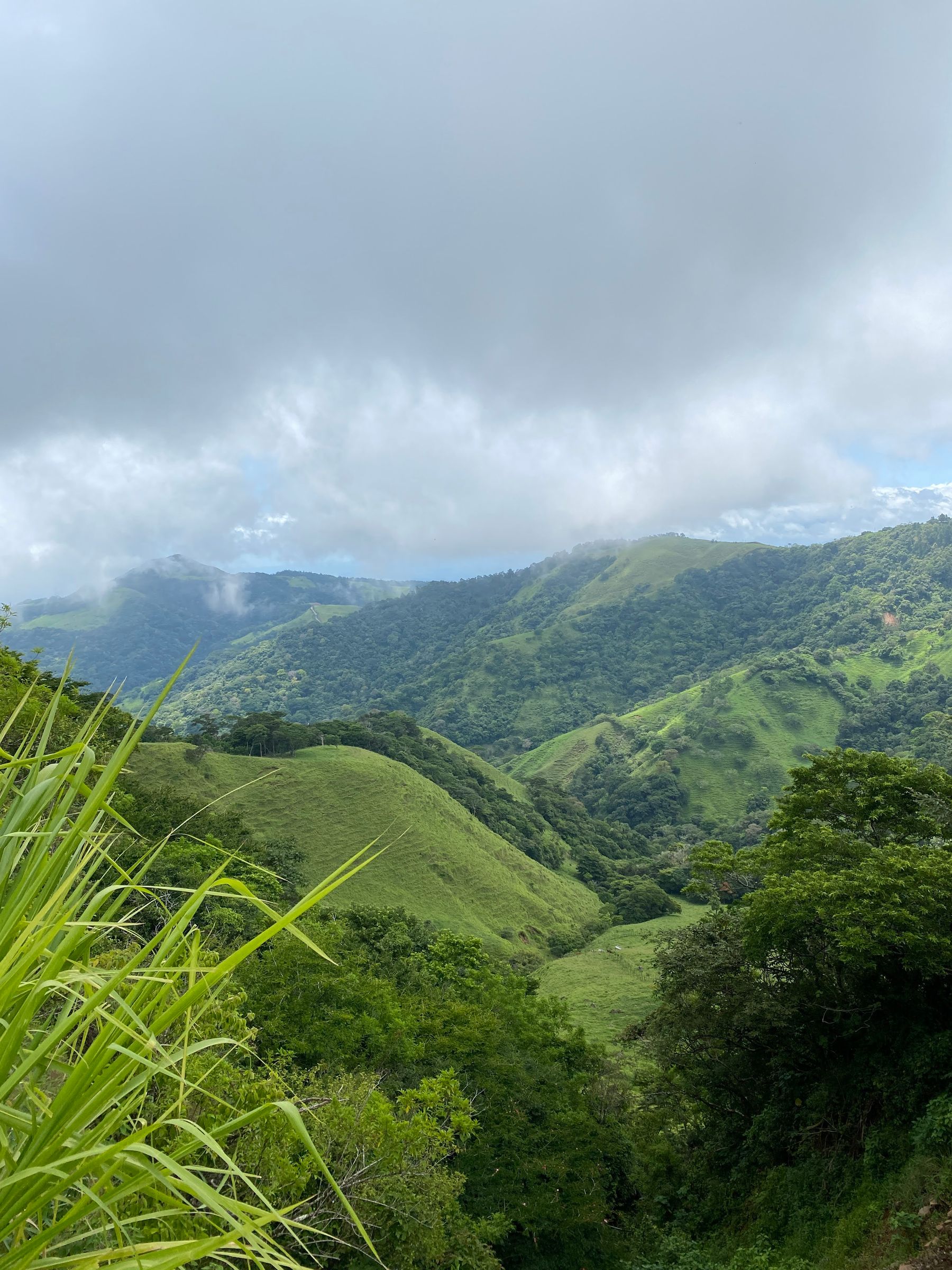 Rolling green hills under a cloudy sky in Guanacaste, Costa Rica