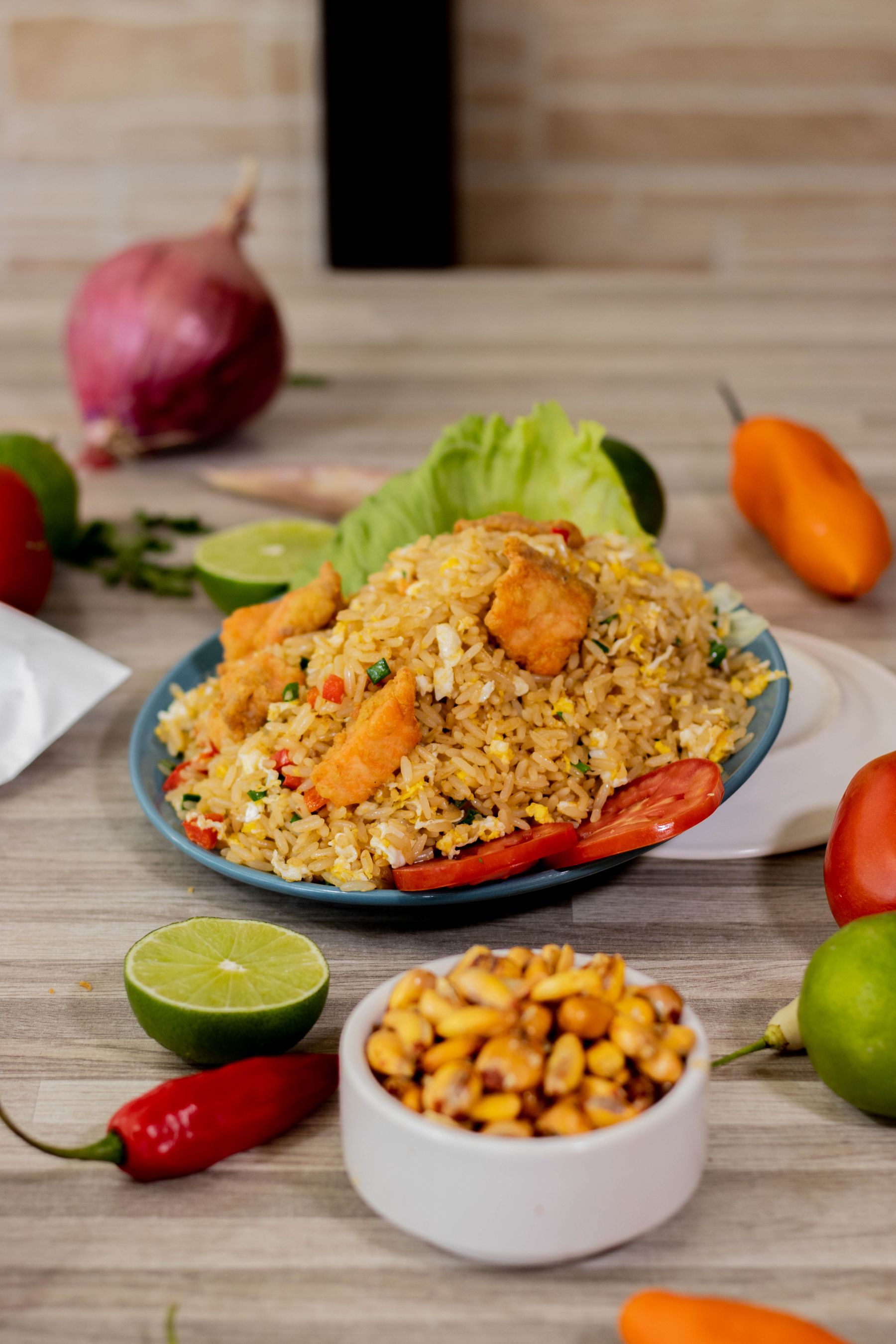 Peruvian arroz chaufa with chicken and fresh peppers