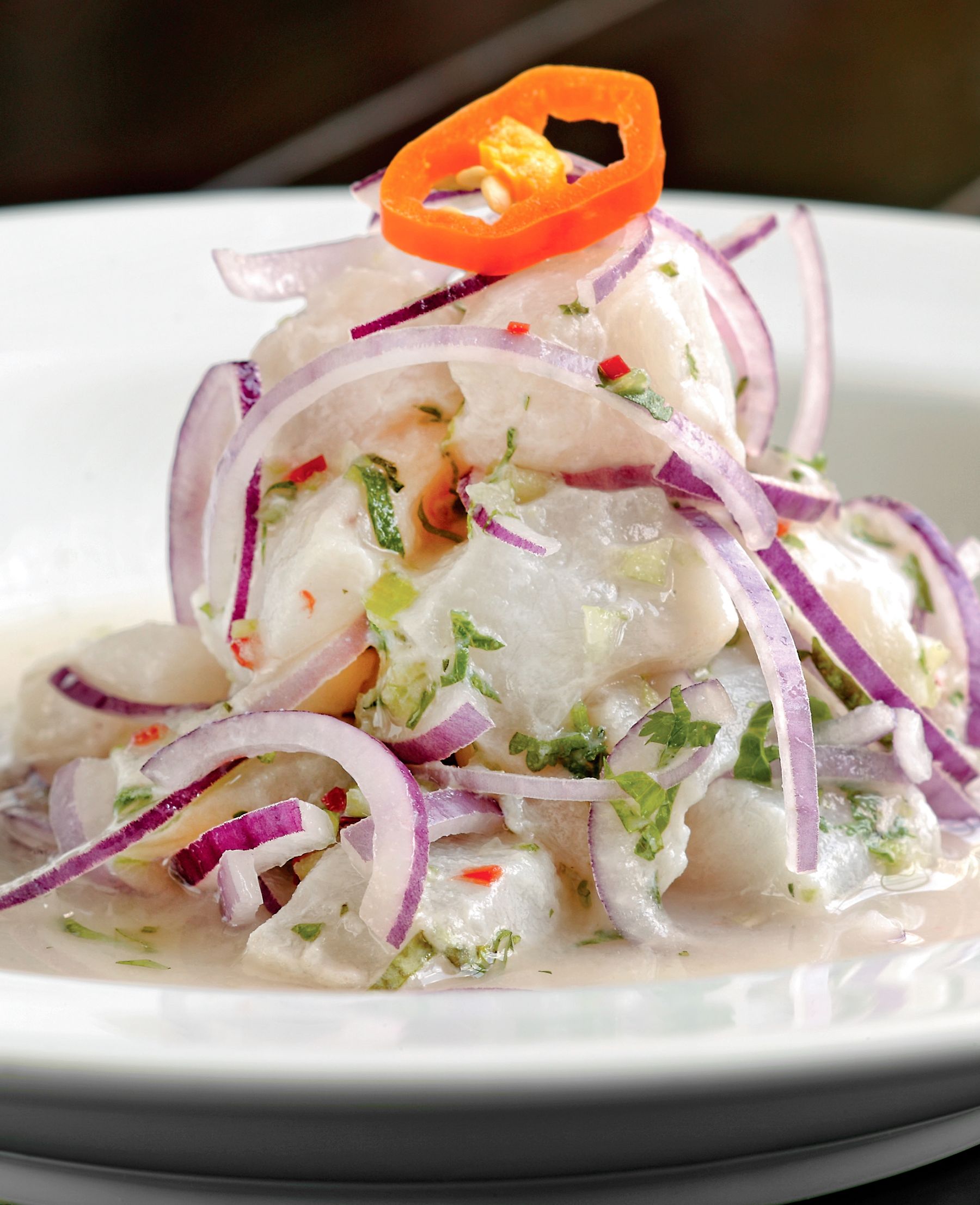 Close-up of Peruvian ceviche garnished with red onion and peppers