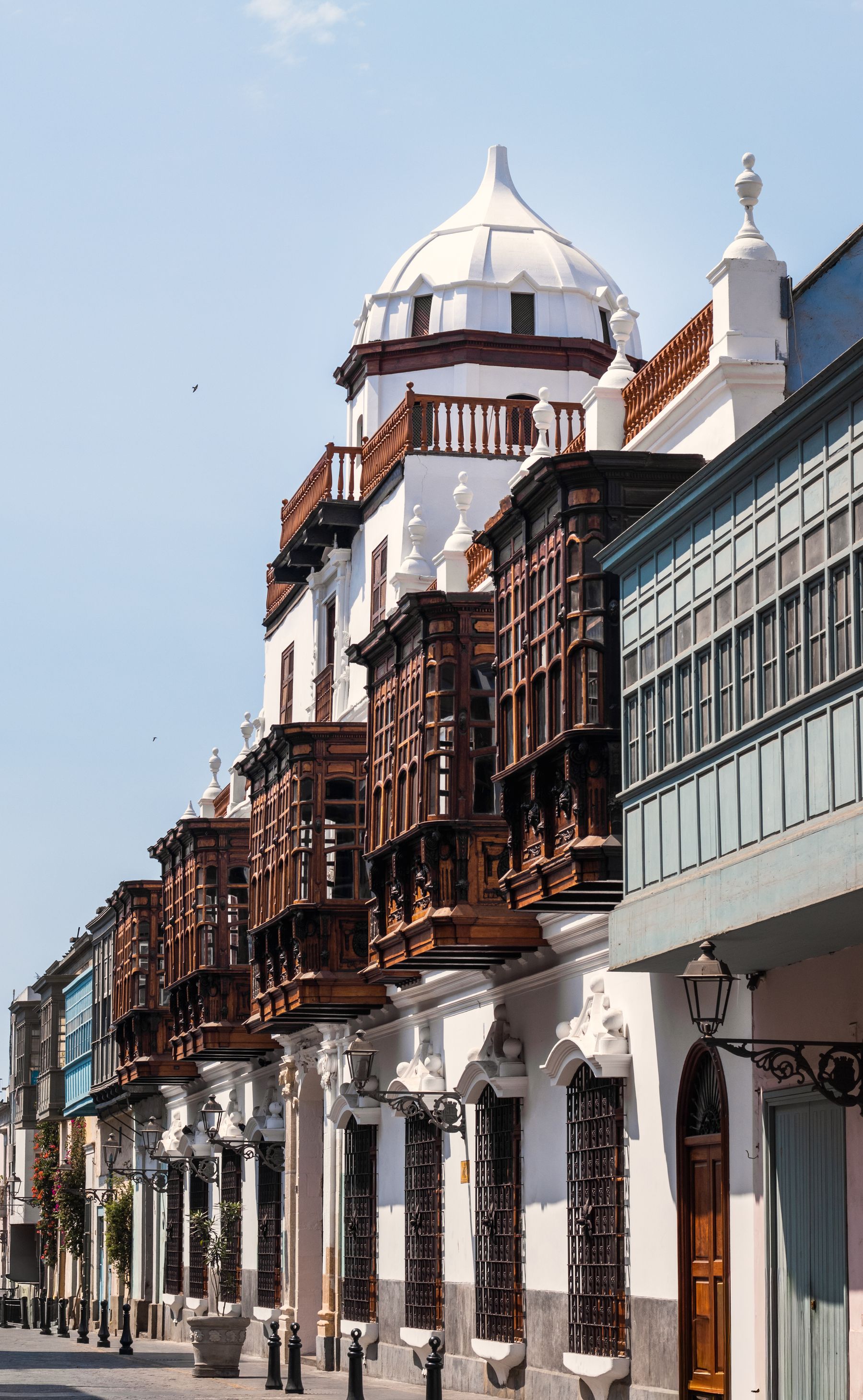 Colonial-era buildings with carved wooden balconies in Lima, Peru