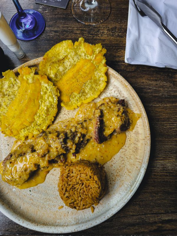 Colombian plate of patacones, braised meat and rice